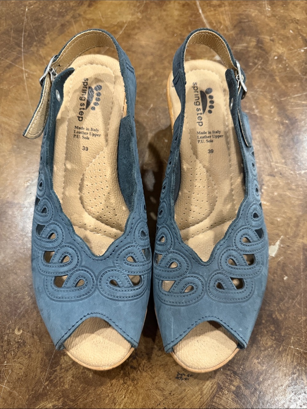 Spring Step Blue Suede Peep-Toe Slingback Sandals